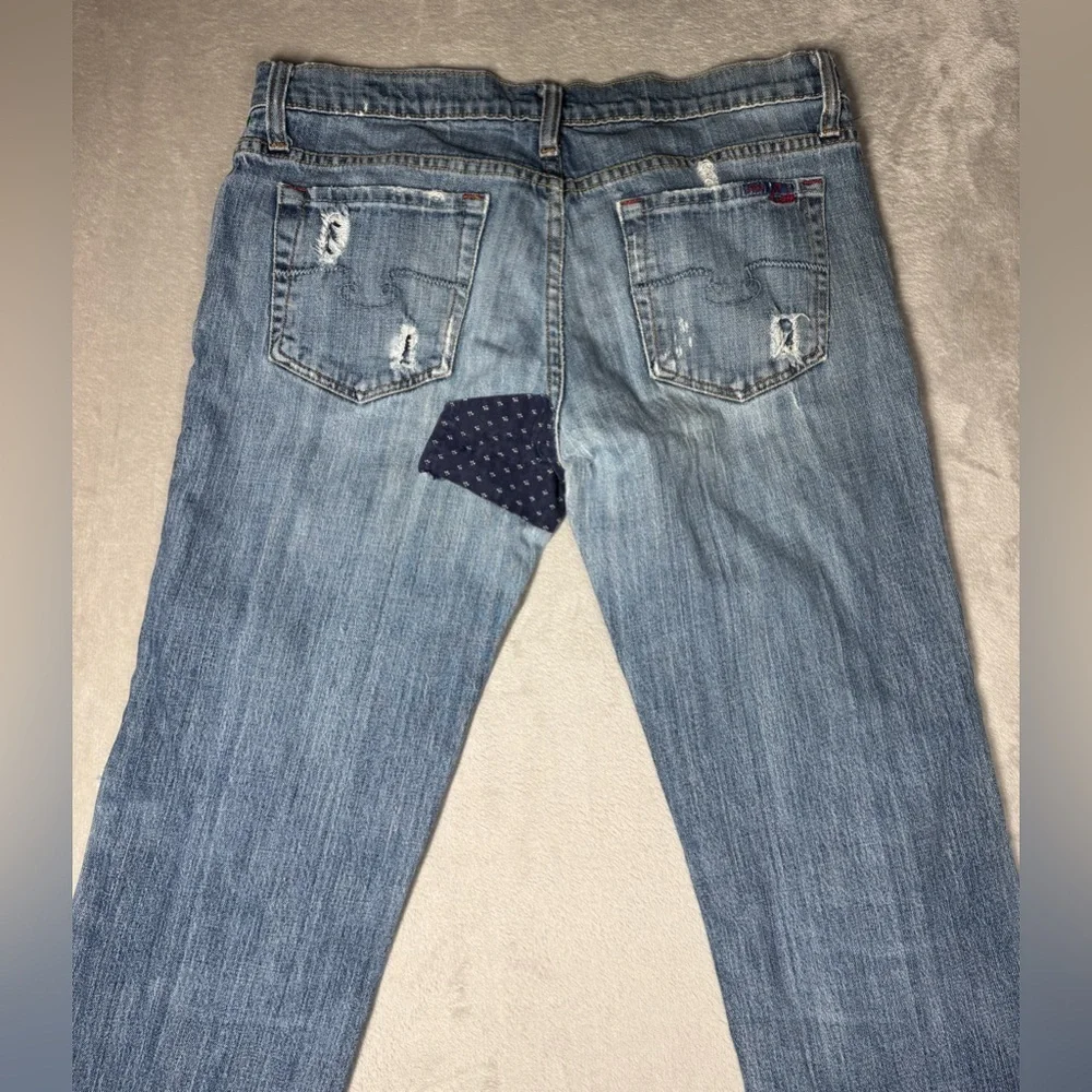 Y2K Blue Cult Midrise Kate Flare Patchwork Denim Distressed Blue Jeans Size 31